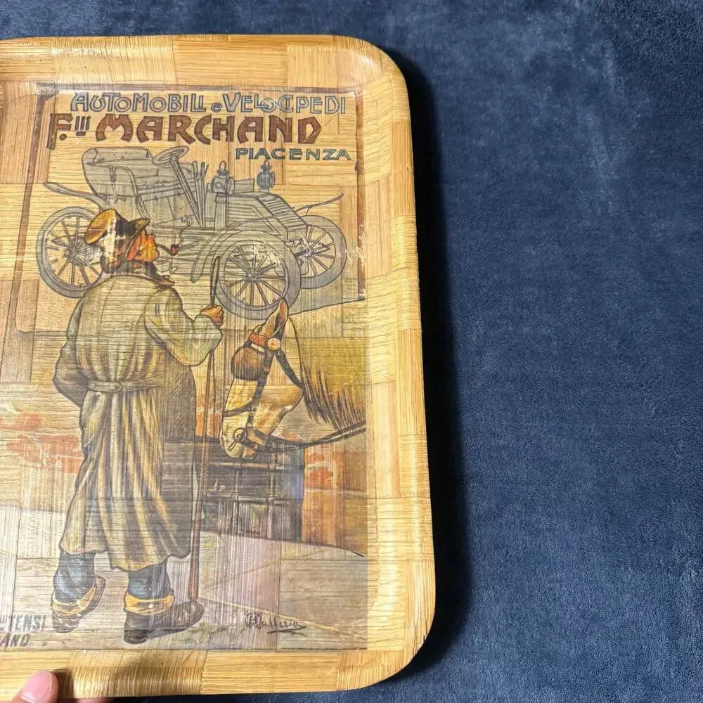 Vintage Automobili E Velocipedi F.lli Marchand Piacenza Woven Bamboo ServingTray